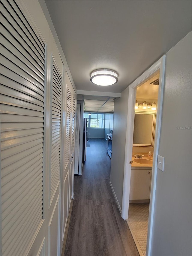 hall featuring dark hardwood / wood-style floors and sink