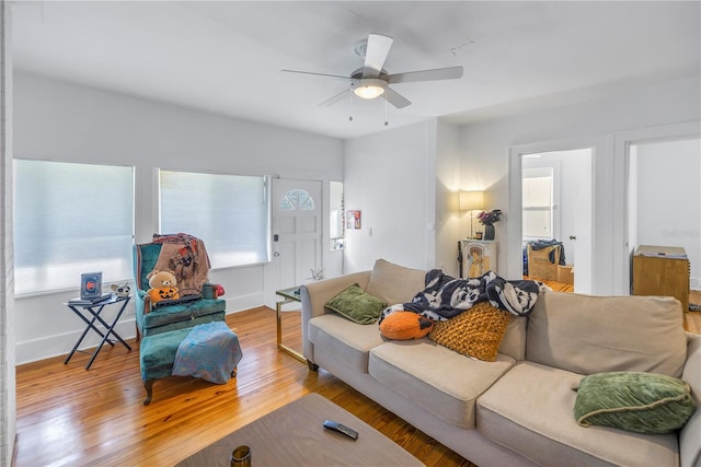 living room with hardwood / wood-style floors and ceiling fan