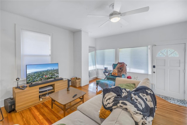 living room featuring ceiling fan and wood-type flooring