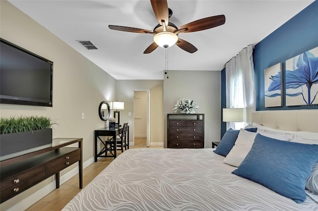 bedroom with ceiling fan and light wood-type flooring