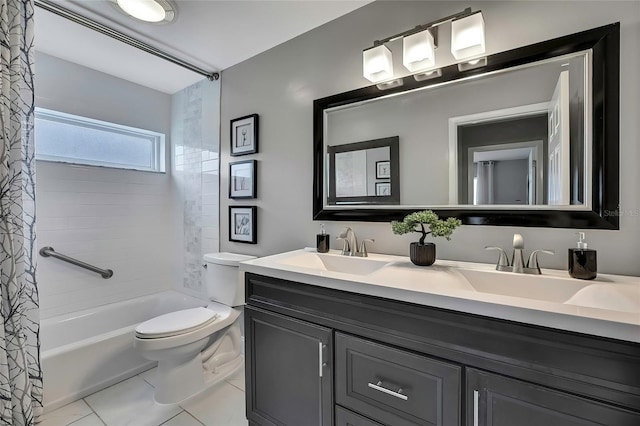 full bathroom with toilet, vanity, and shower / tub combo with curtain