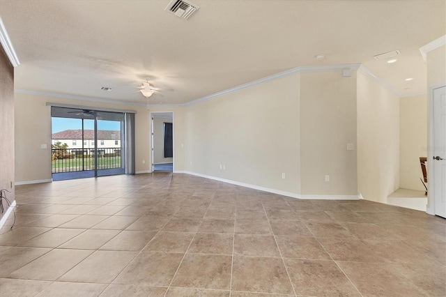 tiled empty room featuring ceiling fan and crown molding