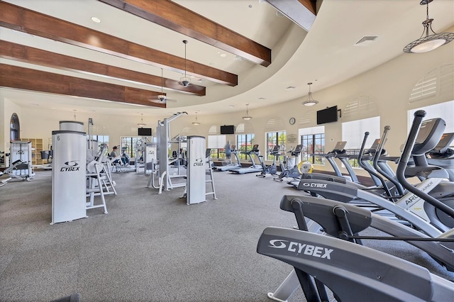 workout area with a towering ceiling