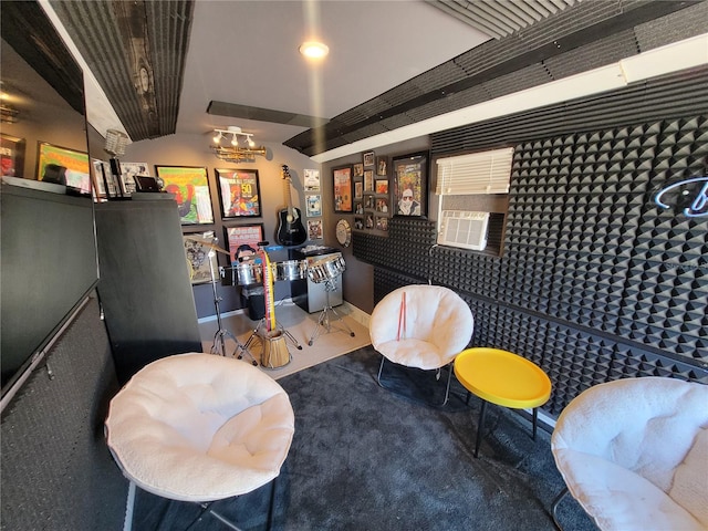 living area featuring lofted ceiling