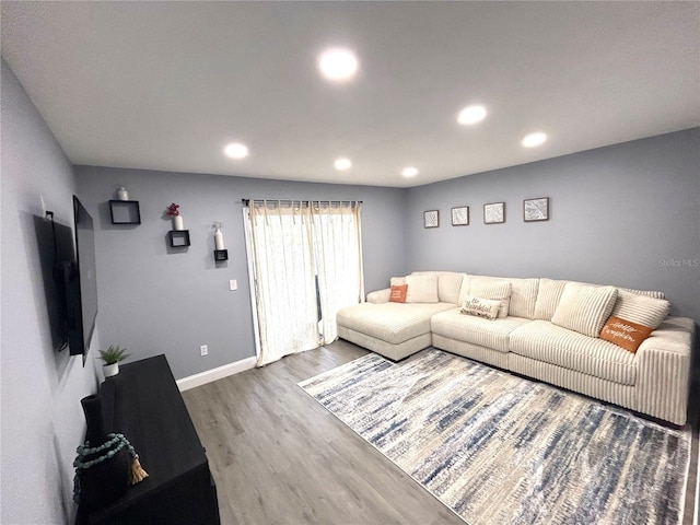 living room with dark wood-type flooring