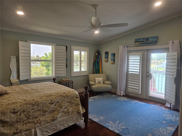 bedroom with access to outside, ceiling fan, crown molding, and dark hardwood / wood-style floors