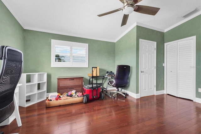 office area with ceiling fan, dark hardwood / wood-style floors, and ornamental molding