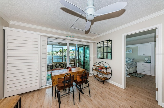 dining room with light hardwood / wood-style flooring, crown molding, and ceiling fan