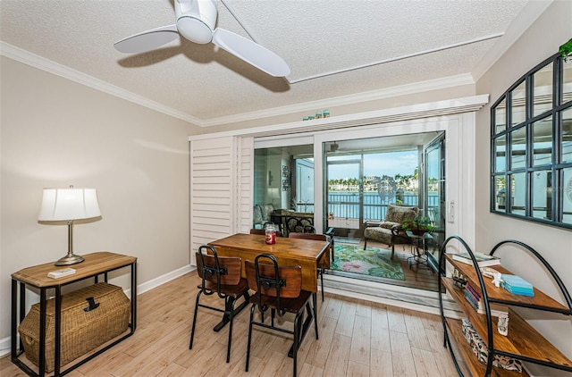 dining space featuring light hardwood / wood-style floors, ornamental molding, a textured ceiling, and ceiling fan