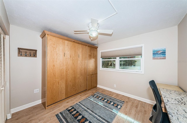 home office with light hardwood / wood-style floors and ceiling fan