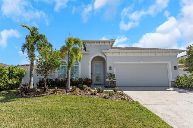 mediterranean / spanish house with a front lawn and a garage