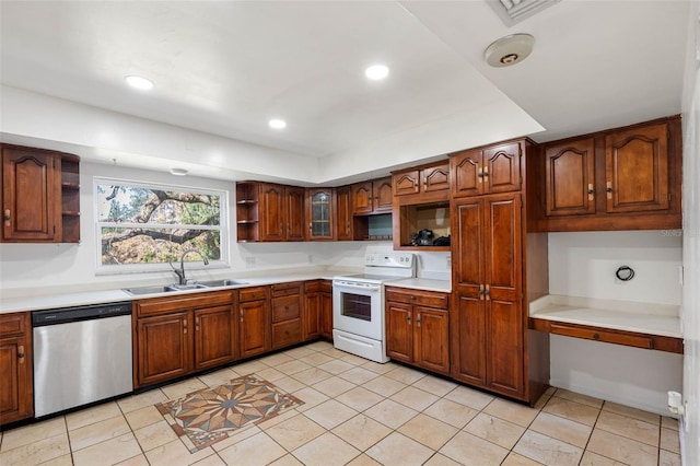 kitchen with white electric range, light tile patterned flooring, sink, and stainless steel dishwasher