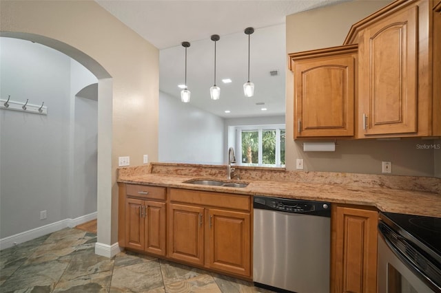 kitchen with dishwasher, sink, light stone counters, and pendant lighting