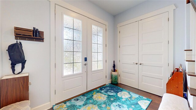 doorway featuring french doors, a healthy amount of sunlight, and dark hardwood / wood-style flooring