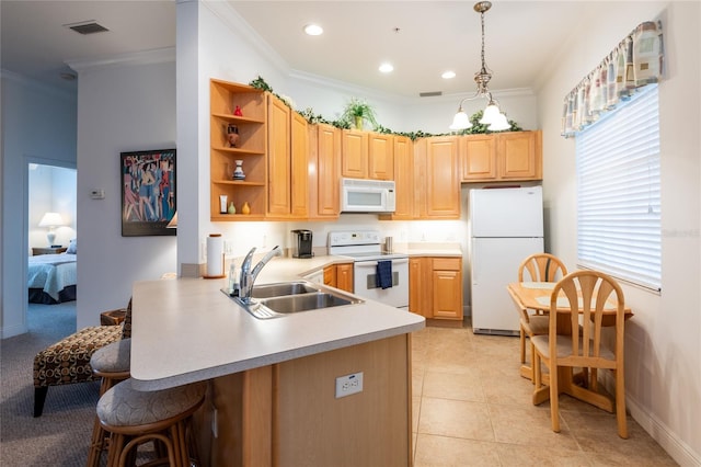 kitchen featuring kitchen peninsula, light tile patterned floors, crown molding, sink, and white appliances