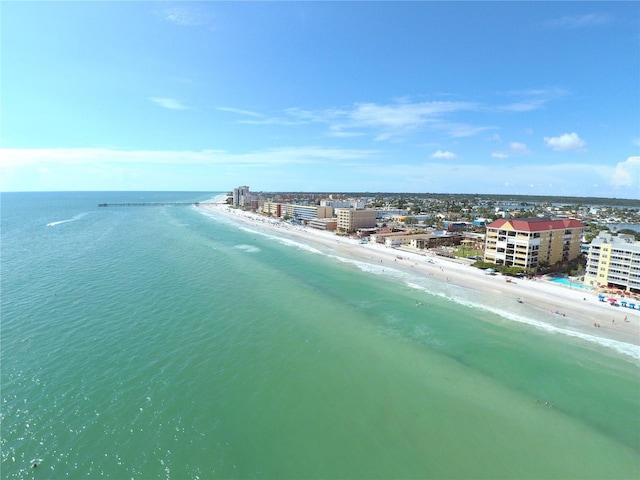 aerial view featuring a view of the beach and a water view