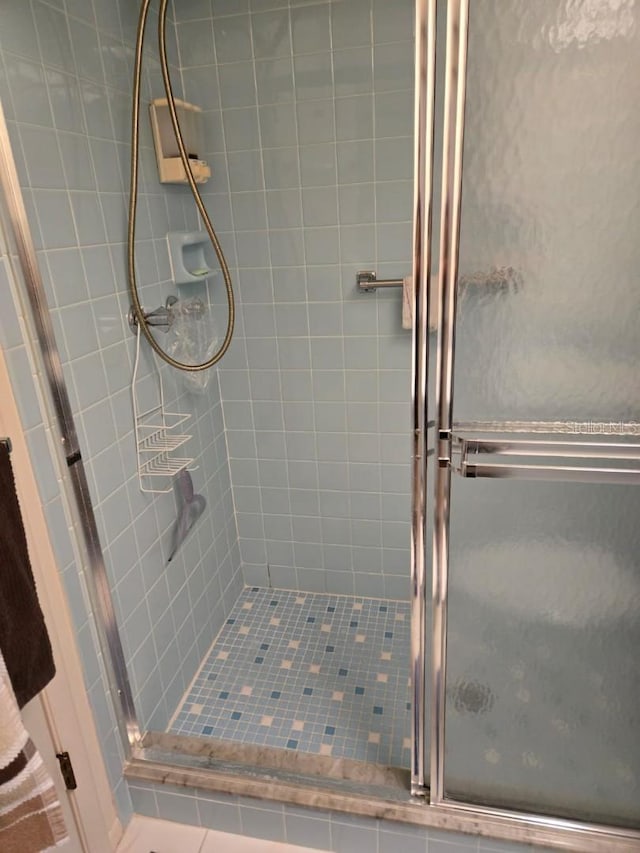 bathroom featuring a shower with door