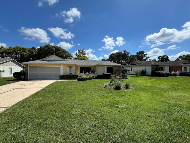 ranch-style home with a garage and a front lawn