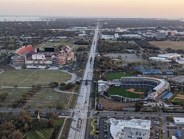 view of aerial view at dusk