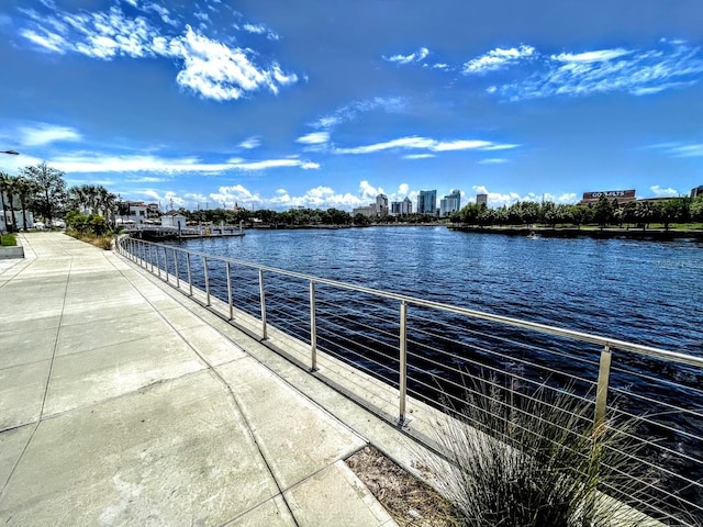 exterior space with a water view