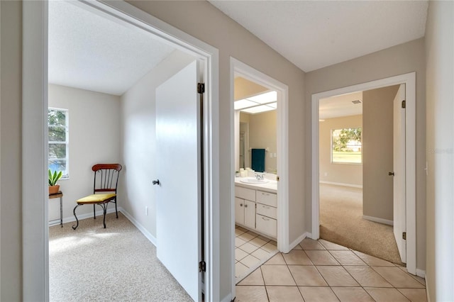 hall featuring a textured ceiling, light colored carpet, and sink