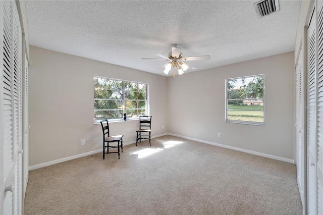 interior space featuring light carpet, a textured ceiling, and plenty of natural light