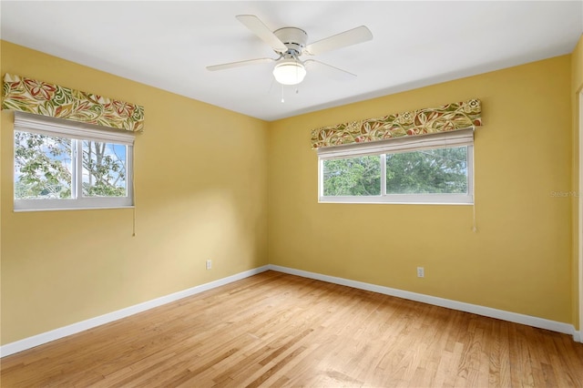 spare room with ceiling fan, a healthy amount of sunlight, and light wood-type flooring