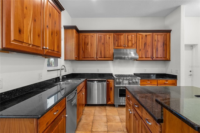 kitchen with sink, dark stone counters, and appliances with stainless steel finishes