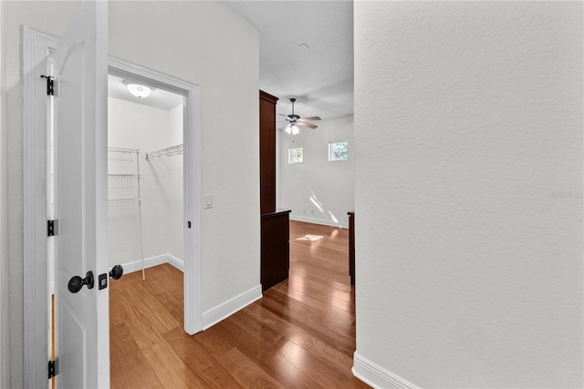 hall with a textured ceiling and hardwood / wood-style flooring