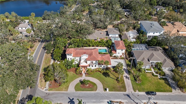 drone / aerial view featuring a water view