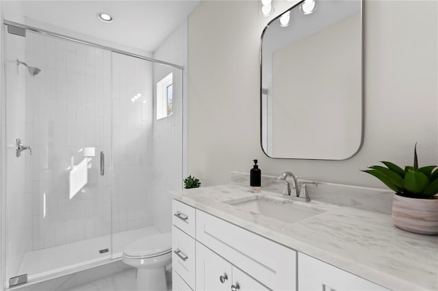 bathroom with vanity, toilet, and a shower with shower door