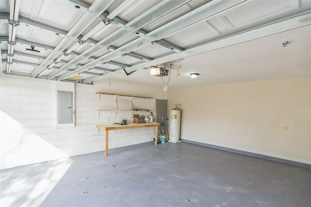 garage featuring a garage door opener, water heater, and electric panel