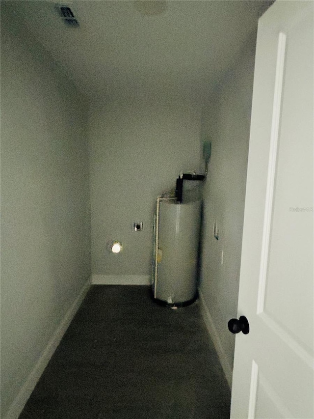 laundry area with carpet flooring and gas water heater