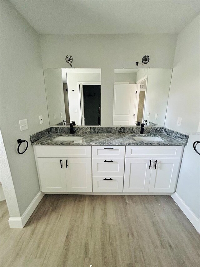 bathroom featuring double vanity, a sink, and wood finished floors