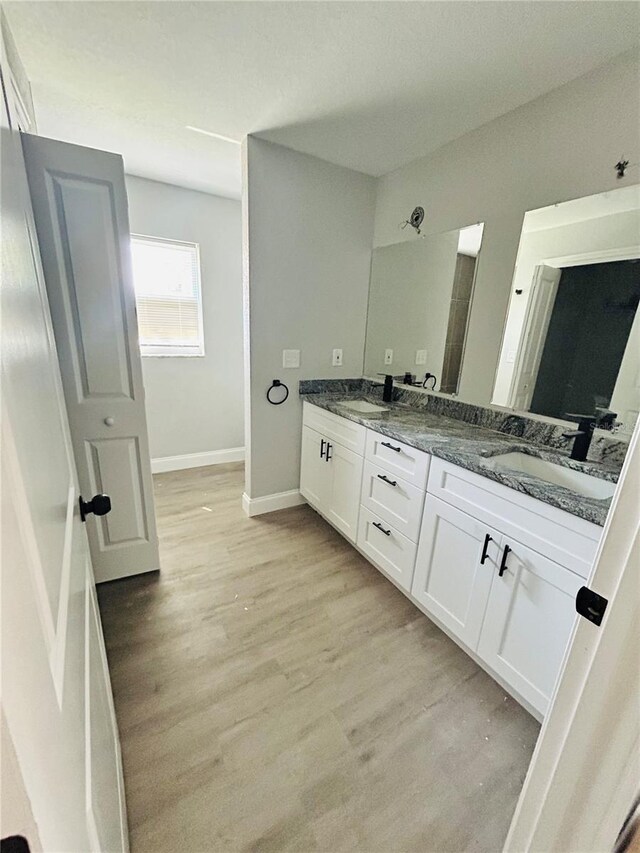 bathroom featuring baseboards, a sink, and wood finished floors