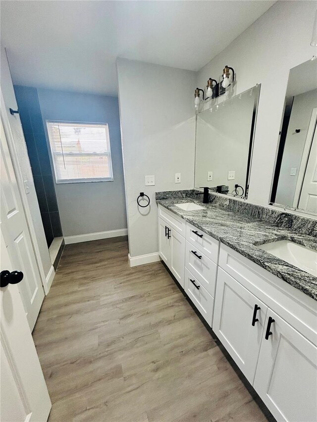 bathroom featuring double vanity, a sink, and wood finished floors