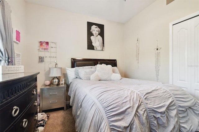 bedroom with dark colored carpet and a closet