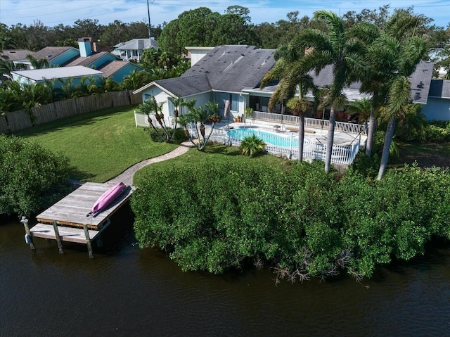 drone / aerial view featuring a water view