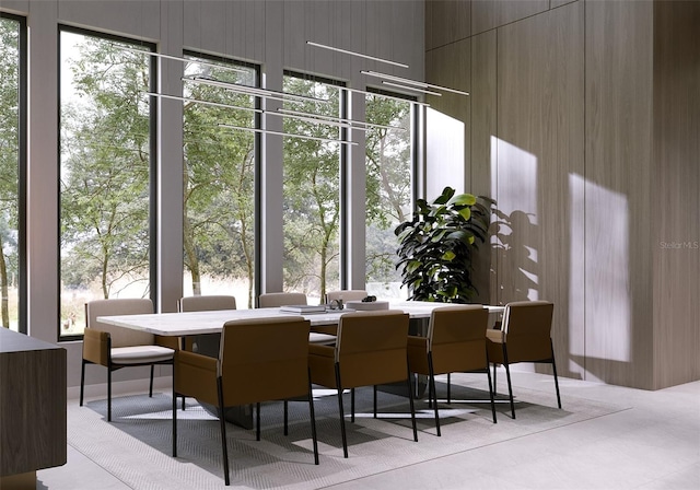 tiled dining space with wood walls and plenty of natural light