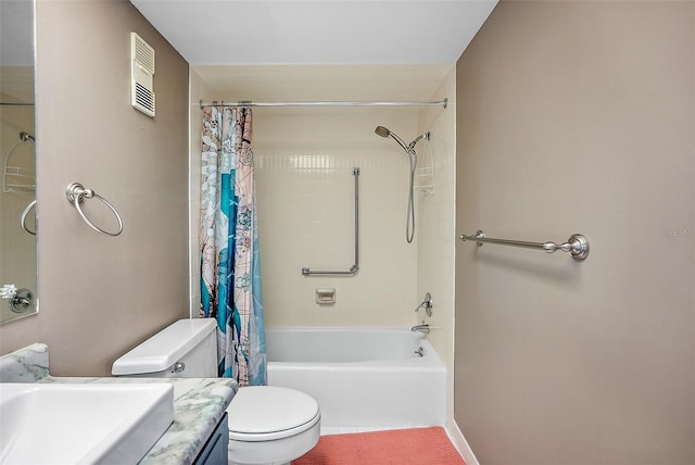 full bathroom with vanity, toilet, and shower / bath combo with shower curtain