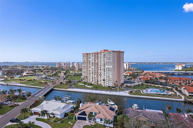 bird's eye view with a water view