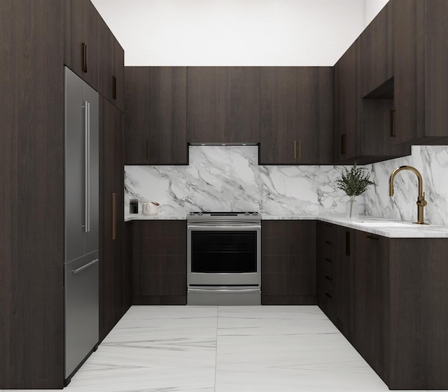 kitchen featuring tasteful backsplash, stove, dark brown cabinets, and sink