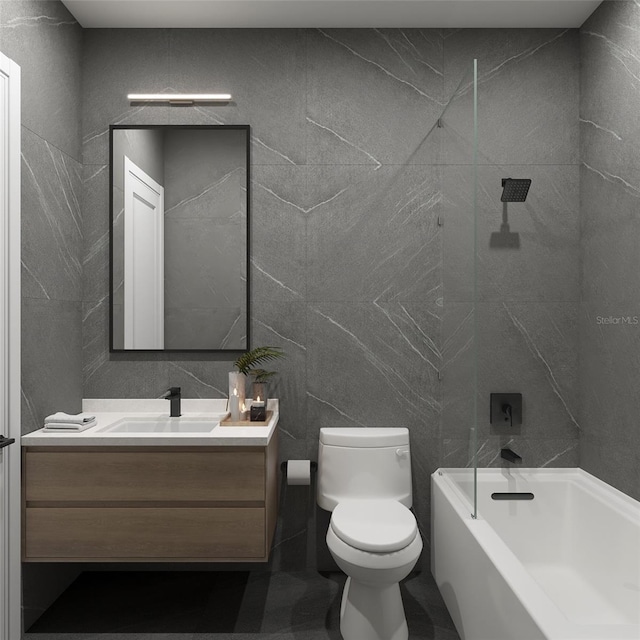 1076 Snell Isle Blvd NE, Saint Petersburg, FL 33704 - bathroom featuring vanity, toilet, washtub / shower combination, and tile walls