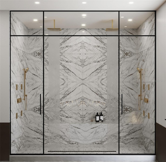 interior space featuring a shower with shower door