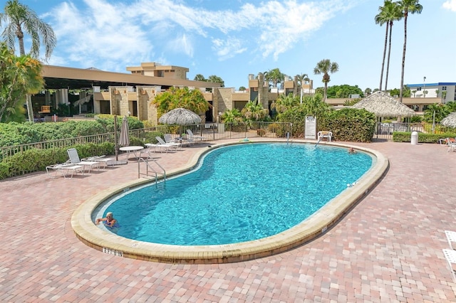 view of swimming pool with a patio