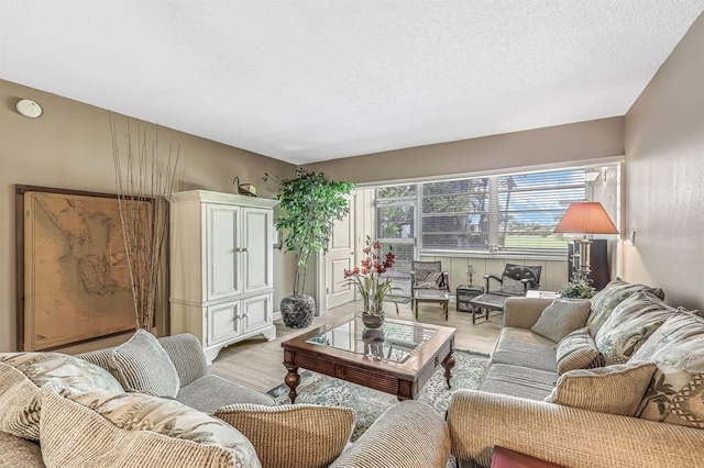 living room featuring light hardwood / wood-style floors and a textured ceiling