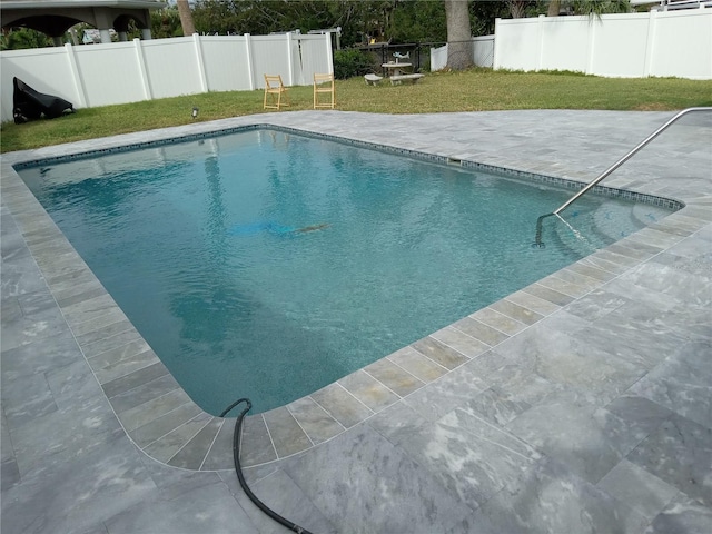 view of pool featuring a patio and a lawn