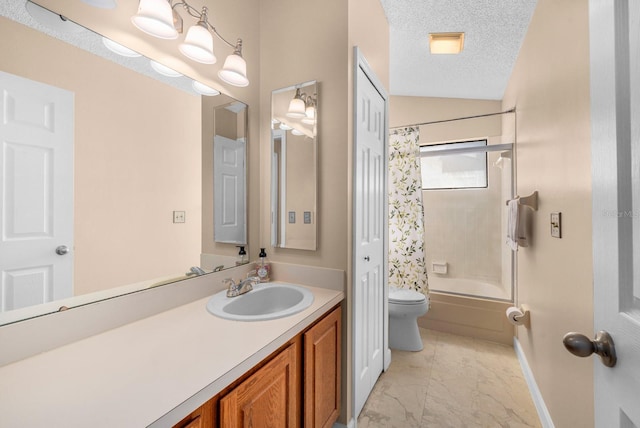 full bathroom with toilet, a textured ceiling, lofted ceiling, shower / tub combo, and vanity