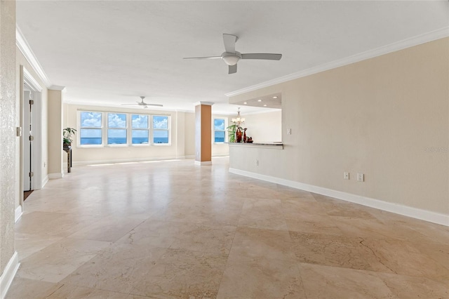 interior space with crown molding and ceiling fan with notable chandelier