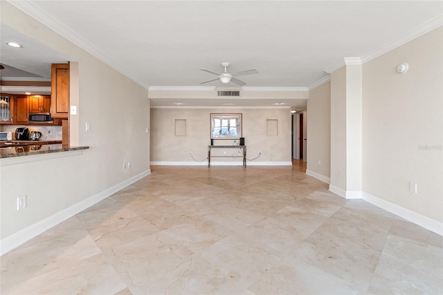 unfurnished living room featuring ornamental molding and ceiling fan